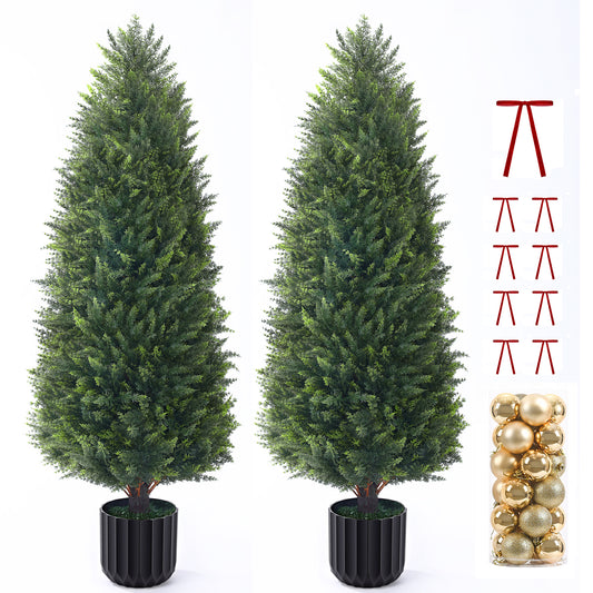 FOLIZEN 4FT Artificial Cedar Topiary Trees Set of 2, Extra Dense Foliage UV Resistant Fake Plants for Front Porch Decor, Lifelike Fake Trees Outdoor Indoor Home